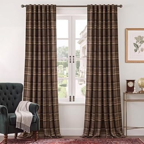 StangH Mocha Brown Plaid Velvet Curtains for Bedroom, W52 x L90, 2 Panels