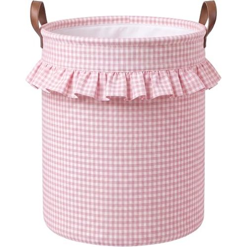 Pink Gingham Laundry Basket Ruffled Checkered Laundry Hamper