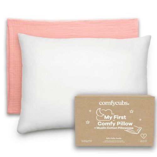 Comfy Cubs Toddler Pillow with Muslin Pillowcase 1 Pack - Blush, 13"x18" - Kids Pillow for Sleeping