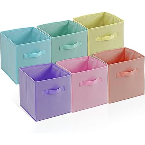 4E's Novelty 6 Pack 11 Inch Pastel Color Storage Foldable Cube Bins, Colorful Storage Baskets For Nursery, Kids Room, Fabric Baskets For Toys, Clothes, Classroom Organization and Storage