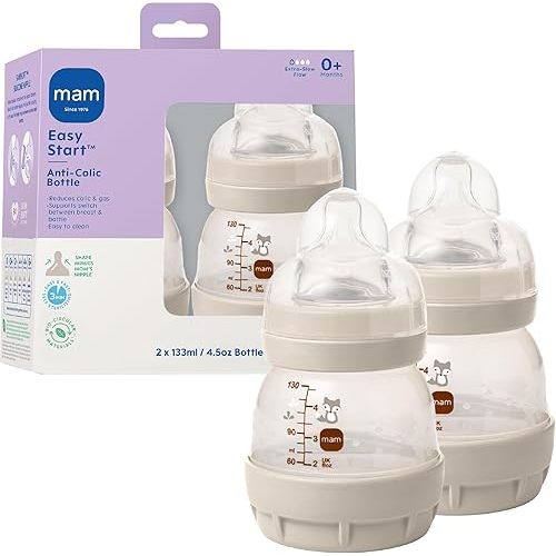 MAM 4.5oz Easy Start Anti-Colic Wide Neck Vented Baby Bottle, Extra Slow Flow Breastfeeding-Like Silicone Nipple, Reduces Colic, Gas & Reflux, Easy to Clean, BPA Free, 0+ Months, Made in Europe