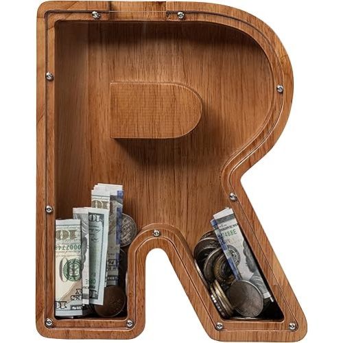 ladenk 12 Inch Extra Large Wooden Kids Letter Piggy Bank - Piggy Bank for Boys Girls - Initial R Bank - Alphabet Money Bank for Birthday