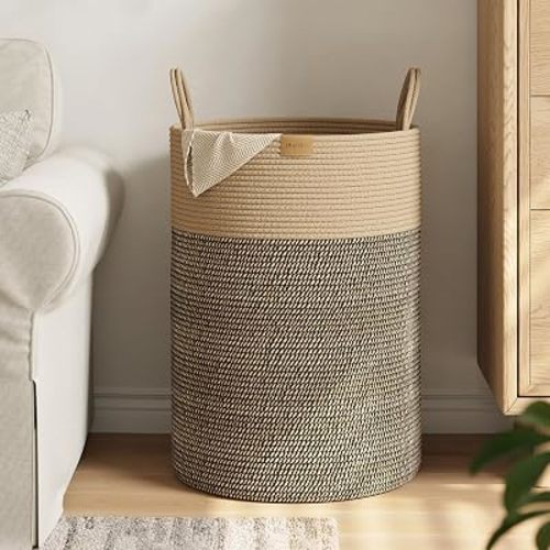 Nunsino Tall Laundry Basket Hamper 95L,Cotton Rope Storage Hamper with Reinforced Handles,Decorative Blanket & Toy Basket for Living Room, Bedroom, Nursery, Dark Brown