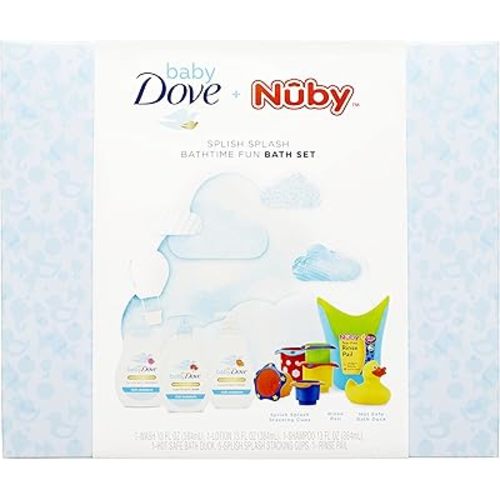 Baby Dove + Nuby Splish Splash Bathtime Gift Set Body Wash, Shampoo, Lotion, Hot Safe Bath Duck, Stacking Cups and Tear-Free Rinse Pail Baby Dermatologist Tested