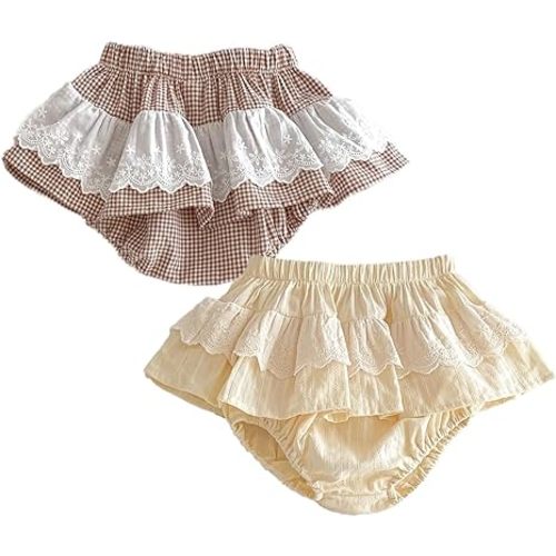 Toddler Plaid Ruffles Bloomers Skirt Shorts Baby Girls Lace Embroidery Shorts 2pcs