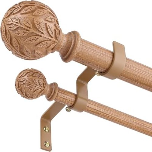 Boho Decorative Double Curtain Rods for Windows, 36-122 Inch, Wood