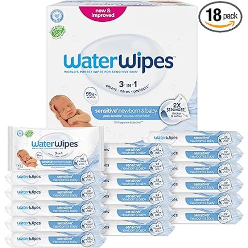 WaterWipes Sensitive+ Newborn & Baby Wipes, 3-In-1 Cleans, Cares, Protects, 99.9% Water, Unscented & Hypoallergenic, 1080 Count (18 Packs)