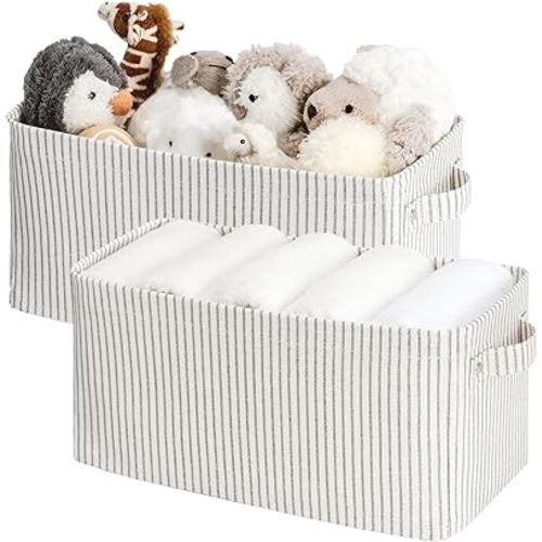 StorageWorks Narrow Storage Bins, Small Basket for Closet and Shelves, Rectangular Fabric Organizer with Handles, Toilet Paper Storage, Gray and White, 2-Pack