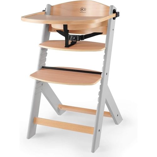 Kinderkraft Wooden Highchair 3 in 1 ENOCK, Multifunctional Baby Chair, Ajustable Heigh and Footrest, Safety Harness, with Detachable Tray, for Children up to 10 Years, Wooden Gray