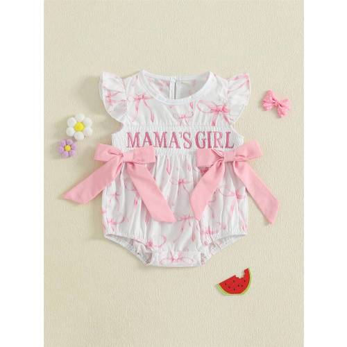 Baby Girl Summer Romper Bows Letter Embroidery Smocked Flying Sleeve Infant Jumpsuit | SHEIN USA