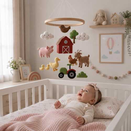 Farm Baby Mobile, Felt Farm Animal Crib Mobile, Barn Tractor Nursery Decor, Pig Duck Goat Chicken Mobile, Newborn Gift, Baby Shower Gift