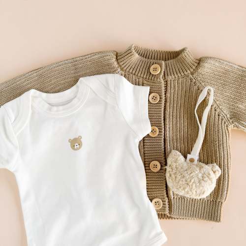 Cotton Cardigan Onesie Pacifier Clip Gift Set, Bear