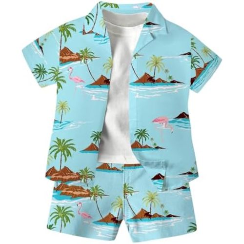 SANGTREE 3 Piece Boy Outfits Short Sleeve Shirt and Shorts Set Beach Vacation Summer Clothes, 3 Months - 9 Years