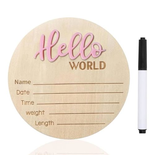 Baby Announcement Sign, ​5.9 Inch Wooden Hello World Newborn Signs, Birth Announcement Sign, Baby Shower Hospital Nursery for Newborn Boys and Girls (Pink,Pen)