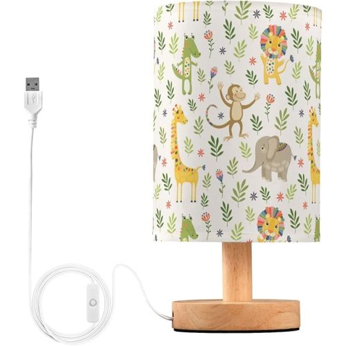 Jungle Animal Pattern Table Lamp with Wood Base and Fabric Shade for Living Room, Bedroom or Kids Room