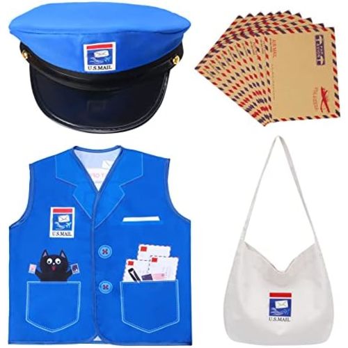 Kids Mailman Costume Mail Carrier Hat Mr. Postman Canvas Bag Vest Envelopes For Halloween Career Day Postal Costume