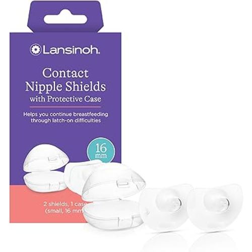 Lansinoh Contact Nipple Shields for Nursing Mothers, Ultra-Thin Soft & Flexible Medical-Grade Silicone Shields Designed for Sensitive Nipples and Latch-On Support, with Protective Case, 16mm, 2 Count