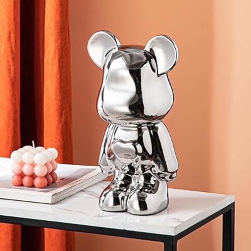 Yundu Ceramic Piggy Bank for Kids and Adults - Coin Bank for Girls and Boys - Silver Love Bear Decoration - Modern Décor, Hypebeast Room Décor - Gifts for Birthdays