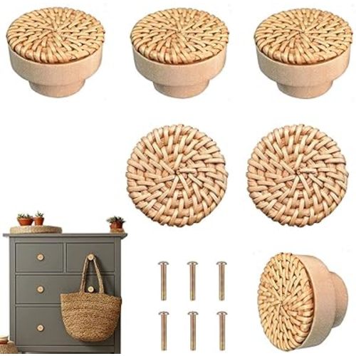 Boho Rattan Dresser Knobs for Girls Kitchen Cabinet knobs and pulls Wicker Woven Decorative Dresser Handles Round Wooden Knobs for Cabinets and Drawers 6 Pcs (Natural Colours)