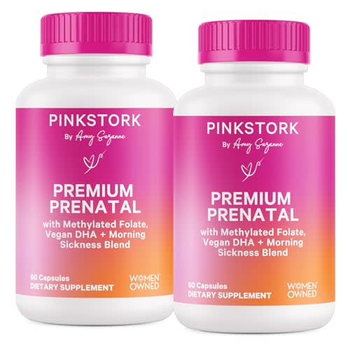 Pink Stork Premium Prenatal Vitamin for Women - Multivitamin & Probiotics - Morning Sickness, Digestion, & Energy - Folate, B6, & Iron - 60 Capsules - 2 Pack
