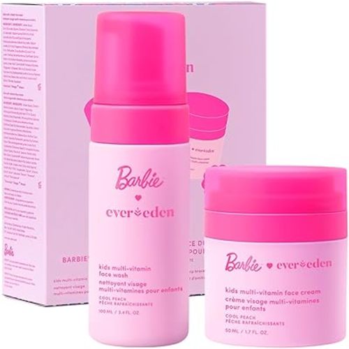 Evereden Barbie Limited Edition Kids Happy Face Duo + Exclusive Barbie Accessories | Multi-Vitamin Kids Face Wash & Cream Set with Stickers + Bracelets | Clean, Vegan Skin Care for Children 3+