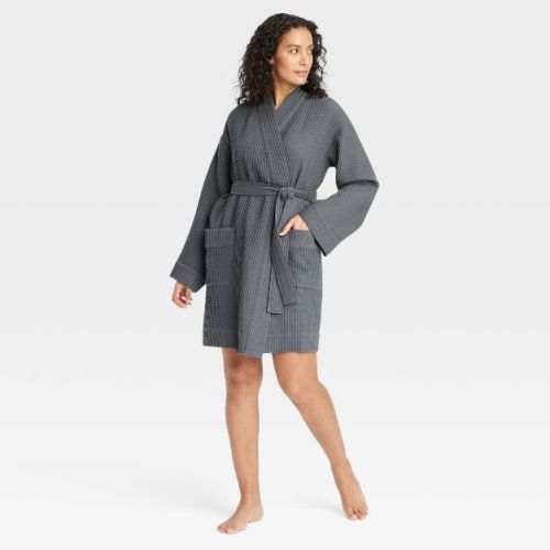 Women's Waffle Short Robe - Auden™ Dark Gray M/L: Cotton Blend, Recycled Polyester, Midweight, Front Tie, Long Sleeve, Machine Washable