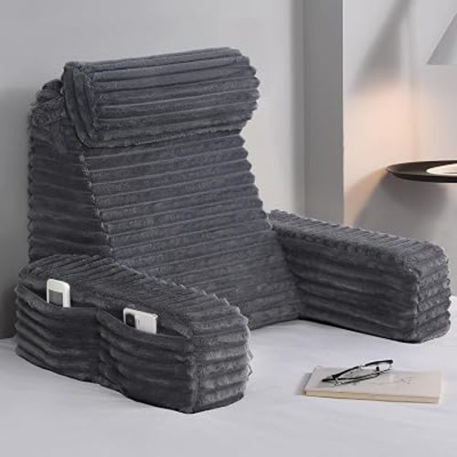 19" Large Back Pillow for Bed Sitting Up with Armrests & Big Pockets