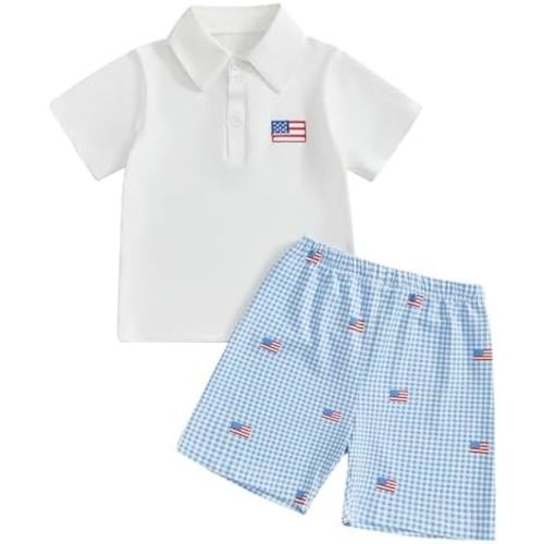 Kayotuas 4th of July Baby Boy Outfit Toddler USA Flag Polo Shirts Gingham Plaid/Stripes Shorts Set Independence Day Clothes
