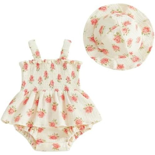Mubineo Baby Girl Clothes Summer Dress Cotton Linen Romper Sleeveless Smocked Rompers Sun Dress Hat Skirt Boho Outfits