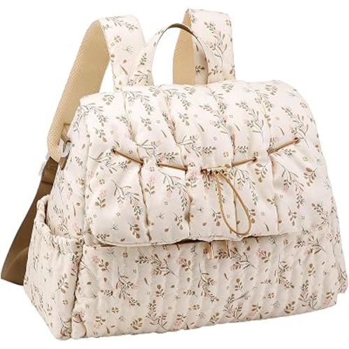 YFGBCX Floral Quilted Diaper Bag Backpack for Mom Multi-Functional Travel Baby Bag with Stroller Straps Maternity Purse (Beige)