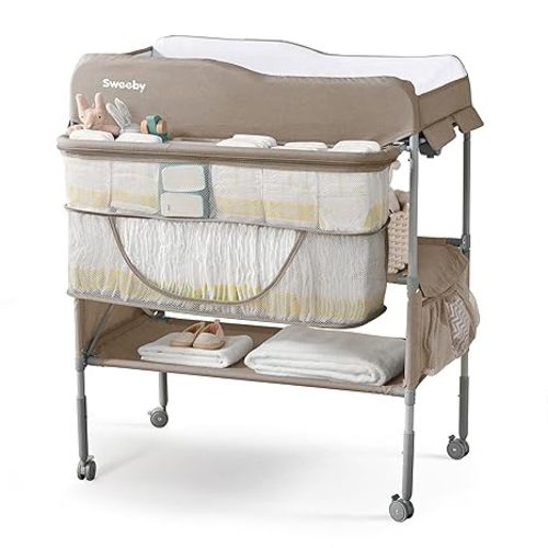 Portable Baby Changing Table, Foldable Diaper Changing Station with Waterproof Pad, Mobile Nursery Organizer for Infant & Newborn Essentials, Light Khaki, Standard