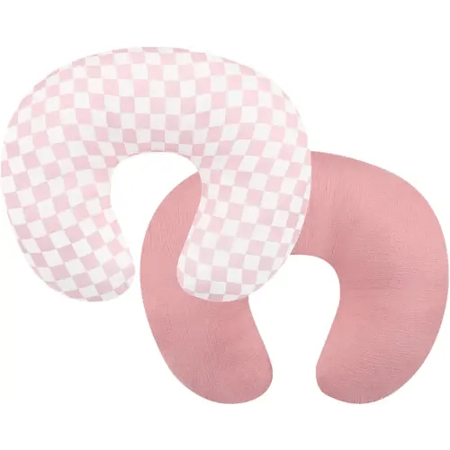 DILIMI Muslin Nursing Pillow Cover 2 Pack, Removable Nursing Cover for Breastfeeding Pillows, Ultra Soft Comfortable Slipcover for Baby Girl and Boy, Pink and Checkered