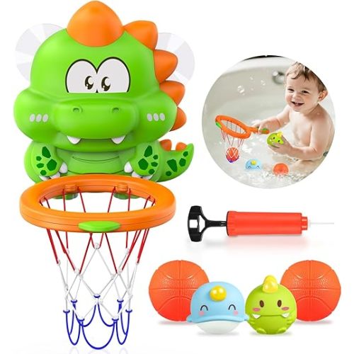 Topsolid Bathtub Basketball Hoop for Kids - Dino Style 2-in-1 Bath Toys with Strong Suction Cups & 4 No Hole Balls | Fun Shooting Game for Baby Toddler Boys & Girls Ages 1-8