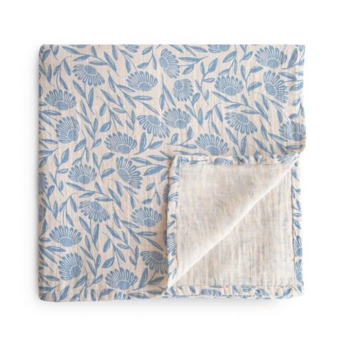 Organic Cotton Muslin Swaddle Blanket Blue Flowers One Size