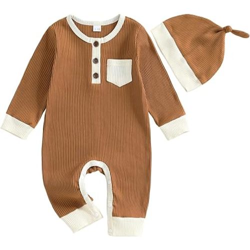 fhutpw Newborn Baby Boy Clothes Ribbed Knit Bodysuit 3 6 Months Infant Fall Long Sleeve Splicing Color Romper Jumpsuit & Hat