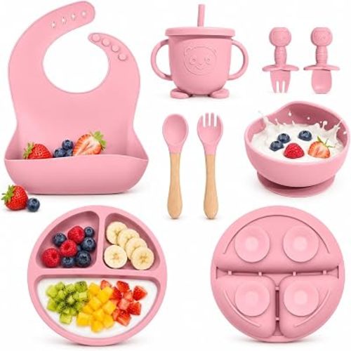 Silicone Baby Feeding Utensils Set for 6+ Months, 8 Pcs, Pink