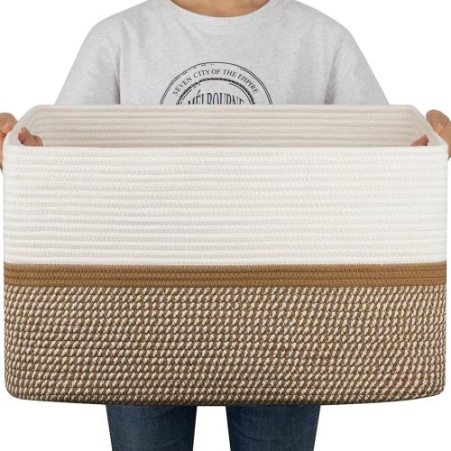 OIAHOMY Large Blanket Basket, 22”x17”x12” Rectangle Woven Baskets, Nursery Blanket Storage Living Room, Toy Storage With Handle, Large Baskets for Organizing-Yellow/White