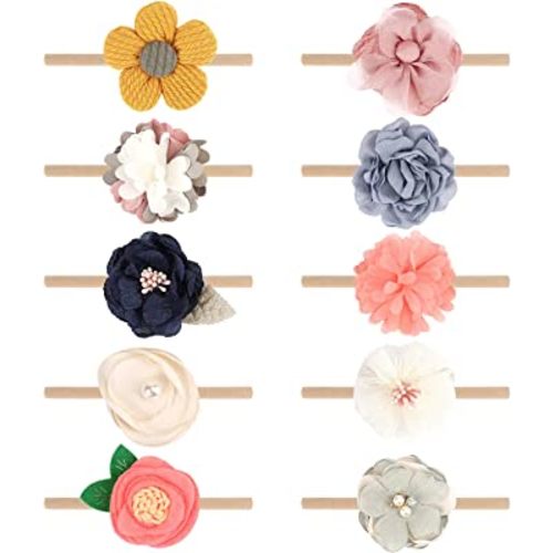 DRESHOW BQUBO Baby Girl Headbands with Bows Nylon Hairbands Handmade Hair Accessories for Newborn Infant Toddlers 10 Pack