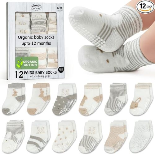 Mother's Choice Baby Socks 6-12 Months with Grip 12 Pairs Organic Cotton Blend Non-Slip Infant Socks Stay-On for Crawling & First Steps OEKO-TEX Certified