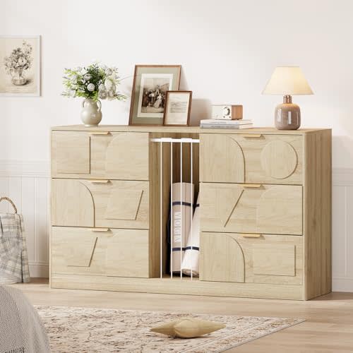 6 Drawer Dresser for Bedroom, 58.1" Wide Wooden Dresser with Geometric Patterns for Kids, Large Dressers & Chests of Drawers for Storing Toys and Yoga Mat (Oak)