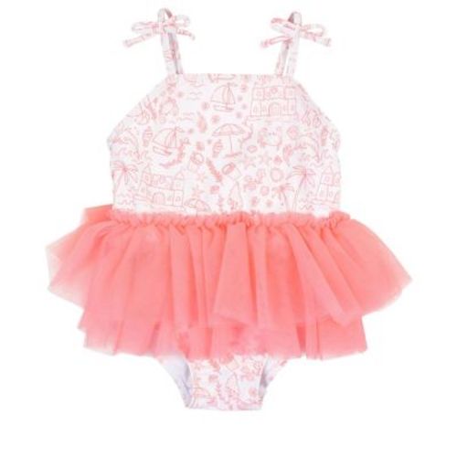 RuffleButts Baby Girls UPF50+ Tulle Skirted One Piece - By the Seaside, 18-24m