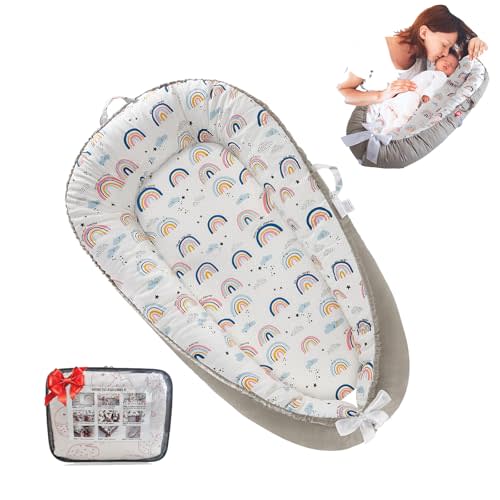 Loevin Baby Lounger for Newborn Cotton,Baby Nest Diaper Changing Pads for Babies with Handles,Newborn Lounger Adjustable Size & Inner Zipper Lengthen Space to 24 Months(Gray-Edged Rainbow Pink)