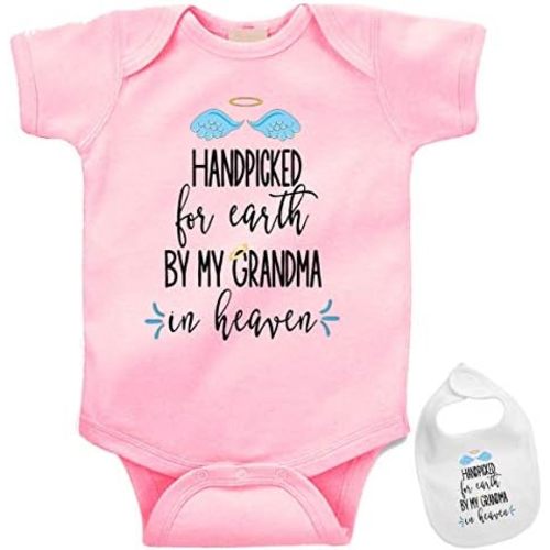 Hand Picked By Grandma in Heaven -Cute family Infant Baby bodysuit onesie & bib