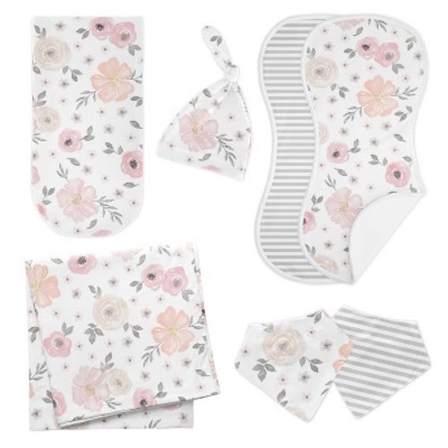 Sweet Jojo Designs Girl Newborn Baby Layette Gift Set Watercolor Floral Pink Grey and White 8pc