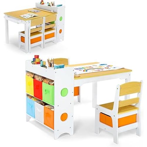 Kinder King Kids Art Table & Chair Set, Wood Toddler Activity Table for Kids Drawing, Reading, Studying, Crafting, Playing, 8 Removable Bins, Paper Roll for Playroom, Nursery, Natural