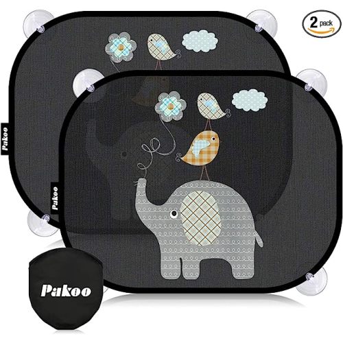 Car Sun Shade for Baby with UV Protection, 2 Pack UV Protection Breathable Car Window Sun Shade for Children with Cute Animal Motifs, 17.7 x 14 inches Sun Shades with 8 Cups