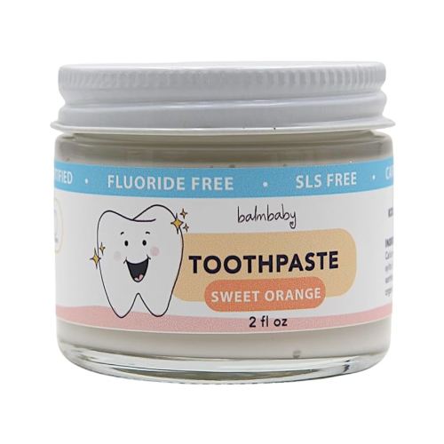 Kids All Natural Fluoride Free Toothpaste by Balm Baby Brand – SLS Free Toothpaste with Xylitol, Vegan, Gluten Free, BPA Free, Glass Jar Zero Waste Children’s Teeth Paste (Orange)