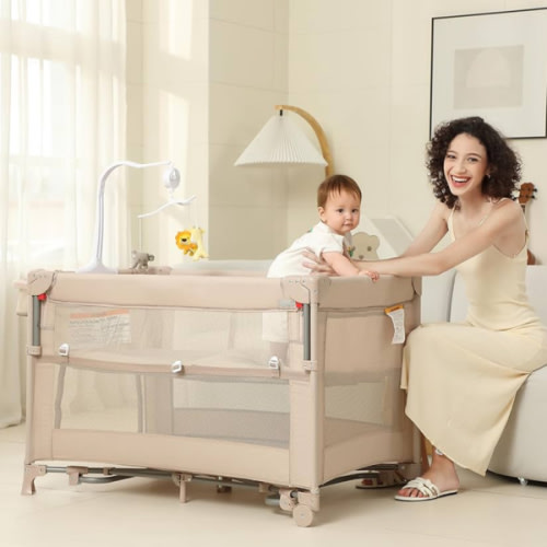5 in 1 Pack and Play, Baby Bassinet Bedside Sleeper, Baby Playard, Bedside Crib with Changing Table, Foldable Travel Playard for Newborn to Toddles (Beige)