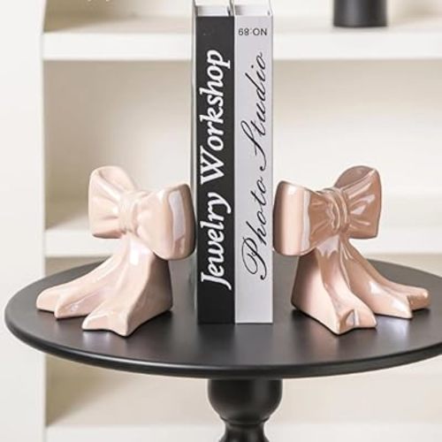 1 Pair Bow Bookends, Ceramic Book Ends Cute Sculpture, Modern Book Holders for Shelves, Unique Statues Decorative Tabletop Ornament Room Decor for Home Dorm Wall Desk Shelf, Xmax Gifts (Pink)