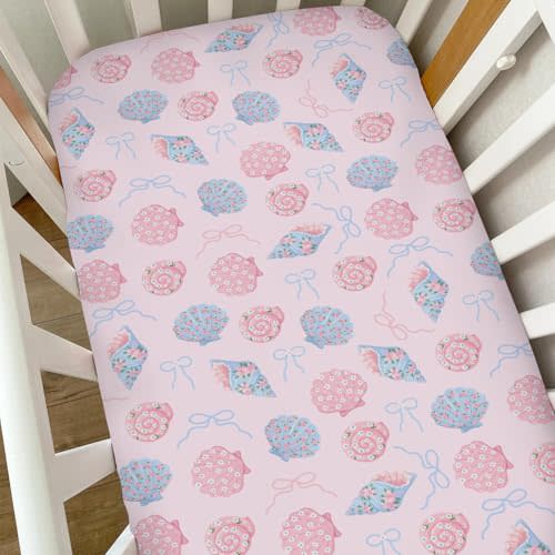 Pink Seashells Scallops Floral Ribbon Baby Crib Sheets for Boy Girl Retro Summer Soft Snug Fitted Crib Mattress Covers for 52''x28'' Standard Crib & Toddler Mattress Pastel Coastal Ocean Bed Sheets